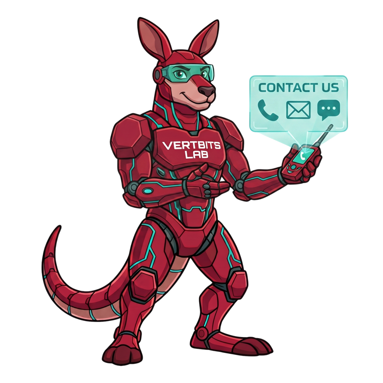 Byte, the Vertbits Lab mascot, holding a device showing Contact Us